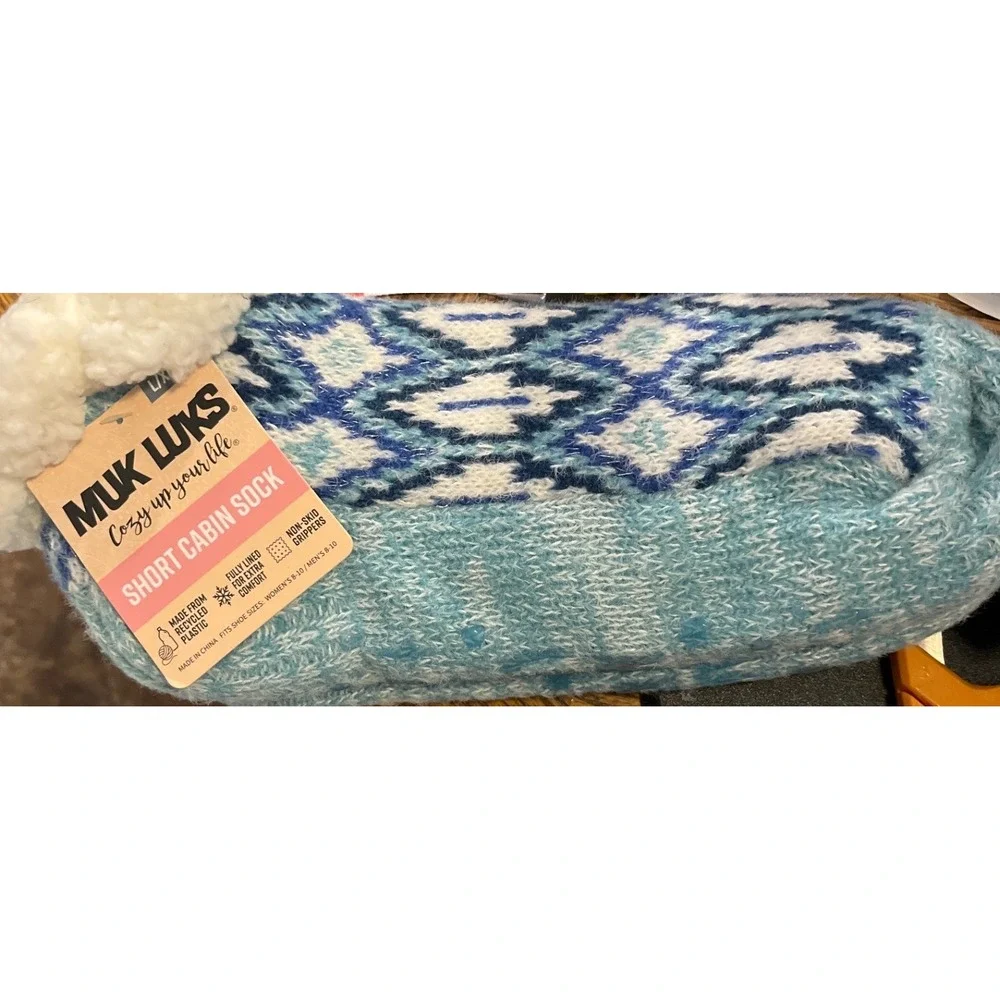 Muk Luks Women Short Cabin Socks Blue White Fair Isle L/XL Faux Shearling Lined